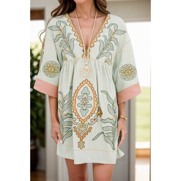 Lightweight Boho Printed Three-Quarter Sleeve Coverup Summer Dress - Light Pink - Picture 1 of 11